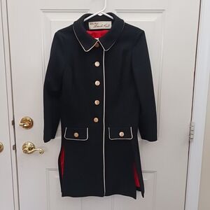 Vintage Lilli Ann French Knit Coat Black Cream Piping Red Lining Gold Buttons XS